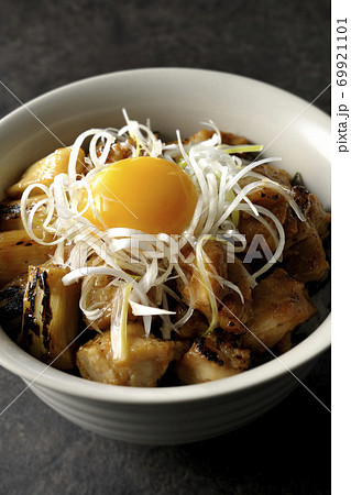 炭火で焼いた焼き鳥の上に白髪葱と卵黄を乗せた丼ぶり 炭火で焼いた焼き鳥の上に白髪葱と卵黄を乗せた丼ぶり 69921101