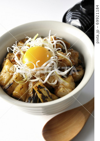炭火で焼いた焼き鳥の上に白髪葱と卵黄を乗せた丼ぶりと味噌汁と木製スプーン（白背景） 69921184
