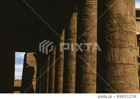 Columns with hieroglyphics on an egyptian temple 69921216