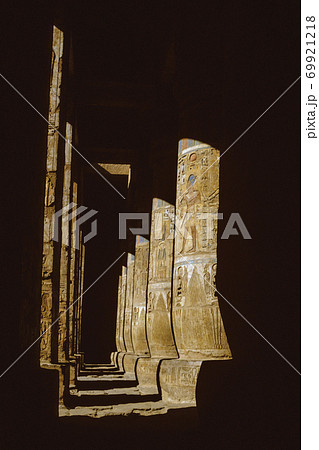 Columns covered by hieroglyphics in a temple 69921218