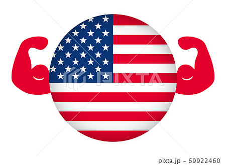 円形の星条旗と力こぶ 強いアメリカのイメージイラスト 影付きのイラスト素材