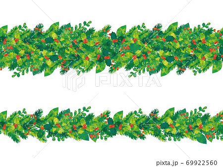 水彩風 クリスマスシンプル背景フレーム もみの葉と柊と のイラスト素材