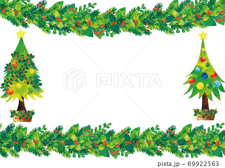水彩風 クリスマスシンプルフレームとクリスマスツリー もみの葉と柊と のイラスト素材