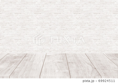 White wooden table with brick wall for clean modern advertising montage wallpaper background. 69924511