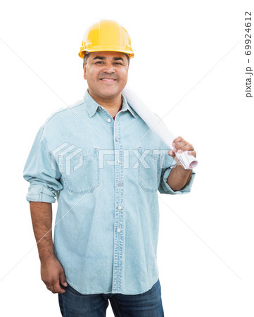 Hispanic Male Contractor In Hard Hat with Blueprints Hispanic Male Contractor In Hard Hat with Blueprints 69924612
