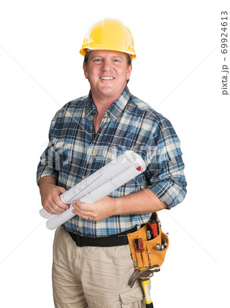 Male Contractor With House Plans Wearing Hard Hat Male Contractor With House Plans Wearing Hard Hat 69924613
