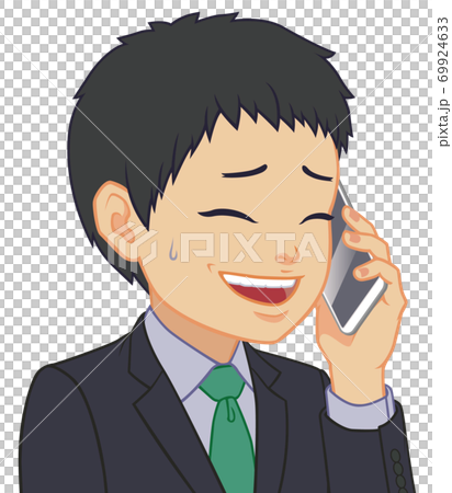 ちびキャラ サラリーマン 通話中 引きつった笑顔のイラスト素材