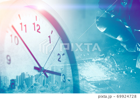 Industry worker overlay with Times clock for business working hours in factory image concept. 69924728