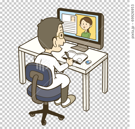 パソコンを使ってリモート診療する男性医師のイラスト 69926953