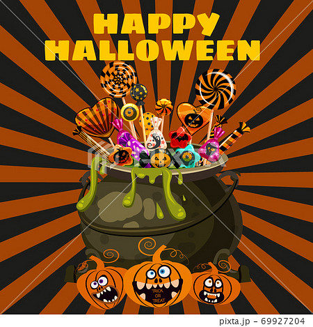 Hello Halloween Cauldron full of Candies and sweets. Autumn october holiday tradition celebration banner poster template. Vector illustration isolated 69927204
