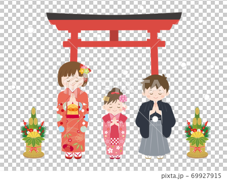 初詣　お参りする子どもたちのイラスト 69927915