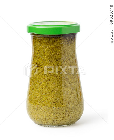 basil pesto sauce in glass jar basil pesto sauce in glass jar 69929748