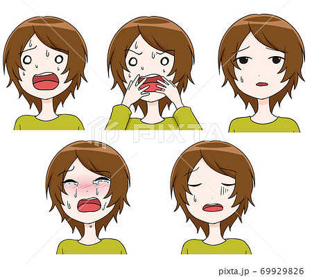 焦ったり落ち込んだり泣いている女性の表情セット 焦ったり落ち込んだり泣いている女性の表情セット 69929826