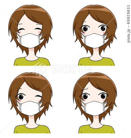 マスクをつけた女性の笑顔やウインクや不安そうな表情のセットのイラスト素材