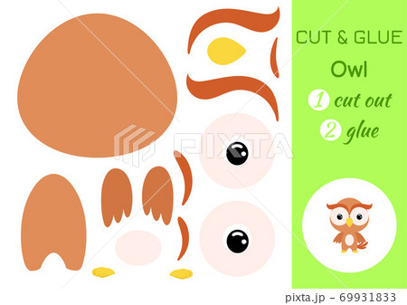 Cut and glue baby owl. Education developing worksheet. Color paper game for preschool children. Cut parts of image and glue on paper. Cartoon character. Colorful vector stock illustration. 69931833