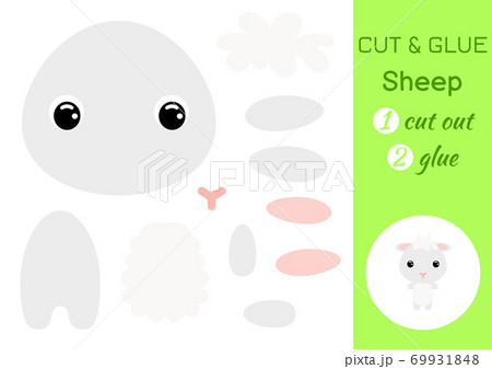 Cut and glue baby sheep. Education developing worksheet. Color paper game for preschool children. Cut parts of image and glue on paper. Cartoon character. Colorful vector stock illustration. 69931848