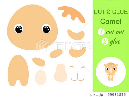Cut and glue baby camel. Education developing worksheet. Color paper game for preschool children. Cut parts of image and glue on paper. Cartoon character. Colorful vector stock illustration. 69931856