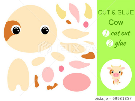 Cut and glue baby cow. Education developing worksheet. Color paper game for preschool children. Cut parts of image and glue on paper. Cartoon character. Colorful vector stock illustration. 69931857