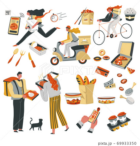 Quick food delivery in time, deliveryman with meal Quick food delivery in time, deliveryman with meal 69933350