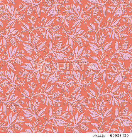 Floral seamless pattern with leaves and berries in coral, pink and green colors 69933439