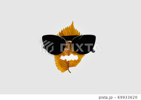 Yellow fall leaf with halloween face and Sunglasses. Natural holiday. Minimal. 69933620