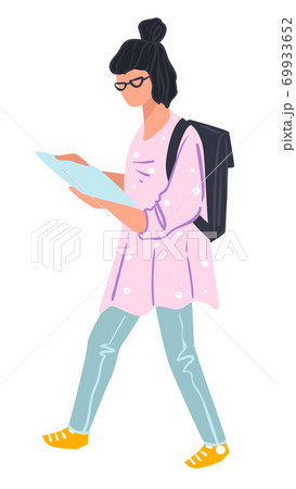 Student girl looking at page and walking vector 69933652