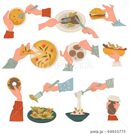 Eating italian and american cuisine dishes with hands Eating italian and american cuisine dishes with hands 69933775