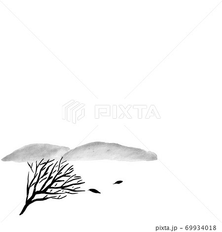 冬の木と山 墨の手描きイラスト のイラスト素材