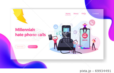 People Ignoring Incoming Calls Landing Page Template. Tiny Male Characters Destroying Huge Calling Telephone 69934491