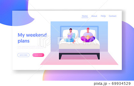 Leisure, Sparetime, Day Off Landing Page Template. Young Couple Watch TV with Popcorn at Home. Characters Lazy Weekend Leisure, Sparetime, Day Off Landing Page Template. Young Couple Watch TV with Popcorn at Home. Characters Lazy Weekend 69934529
