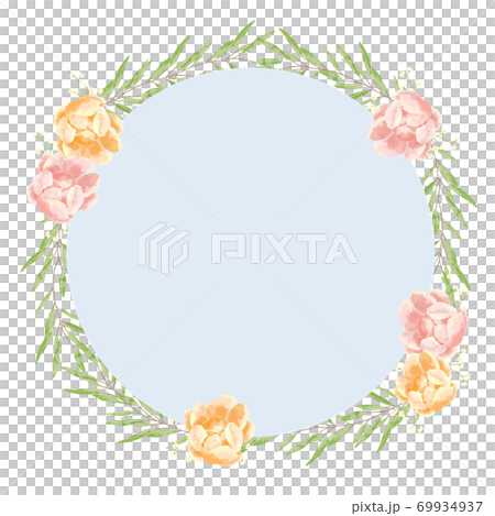 A frame of roses, forget-me-nots and eucalyptus with a gentle touch A frame of roses, forget-me-nots and eucalyptus with a gentle touch 69934937