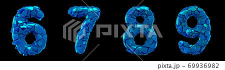 Number plastic set 6, 7, 8, 9 made of 3d render plastic shards blue color. 69936982