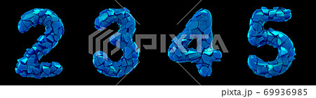 Number plastic set 2, 3, 4, 5 made of 3d render plastic shards blue color. 69936985