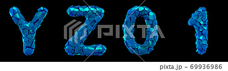Plastic letters set Y, Z, 0, 1 made of 3d render plastic shards blue color. 69936986