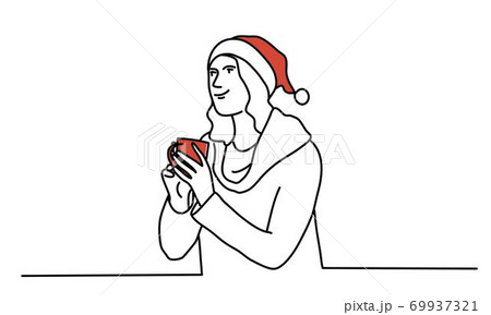 Young girl in a New Year's cap with a cup in her hands Young girl in a New Year's cap with a cup in her hands 69937321