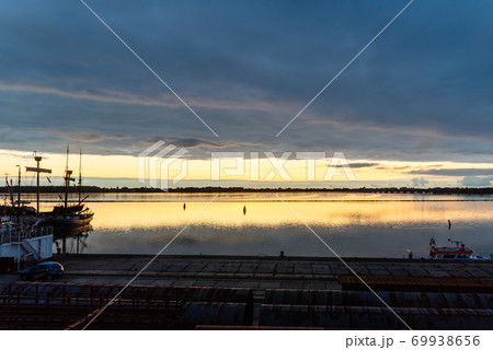 Stunning view of the harbour of Stralsund at sunrise 69938656