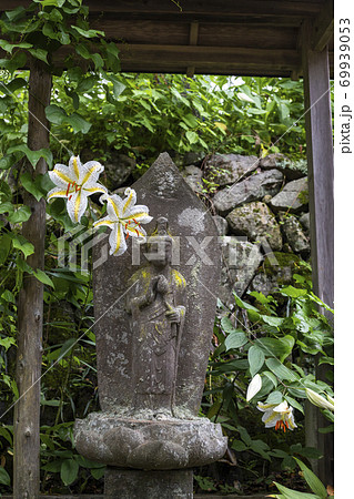 【山梨県】初夏の海岸寺境内　守屋貞治の百体観音とヤマユリの花 69939053