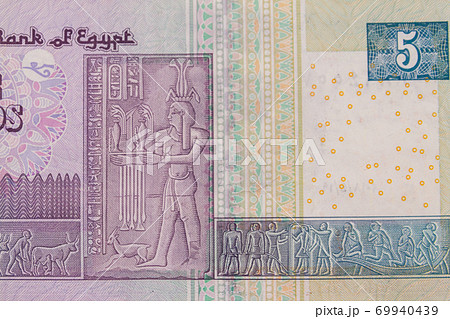 Macro shot of five egyptian pounds bill Macro shot of five egyptian pounds bill 69940439