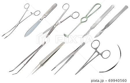 Set of surgical instruments. Different types of tweezers, scalpels, Liston s amputation knife, clip with fastener, straight scissors, Folkmann s jagged hook, Meyer s forceps, surgical needle. Vector Set of surgical instruments. Different types of tweezers, scalpels, Liston s amputation knife, clip with fastener, straight scissors, Folkmann s jagged hook, Meyer s forceps, surgical needle. Vector 69940560