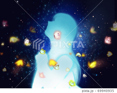 青い銀河宇宙の中に舞う天使の羽 蝶々とロング髪の女の子のシルエットのイラスト素材