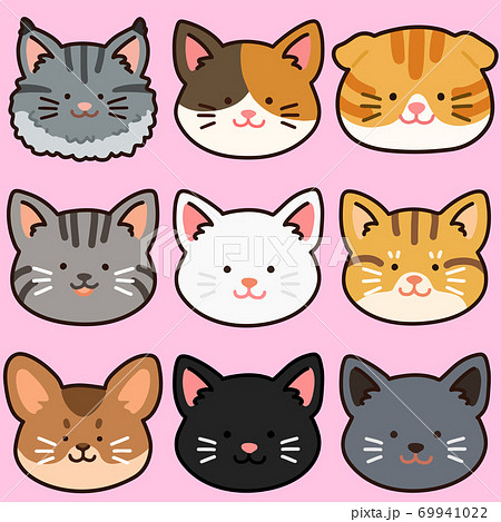 シンプルで可愛い色々な猫の顔セット 主線ありのイラスト素材