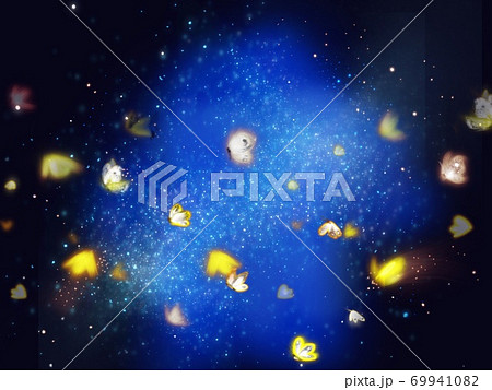 青い銀河宇宙の中に舞う天使の羽 蝶々の背景画のイラスト素材