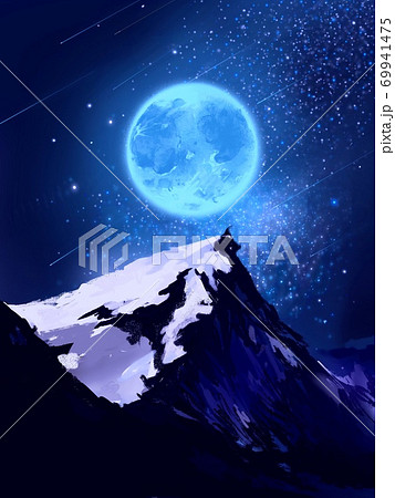 星空に輝く青い満月と雪をかぶる山脈の風景画のイラスト素材