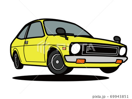 国産レトロコンパクトカー 黄色 ジャンプ 自動車イラストのイラスト素材