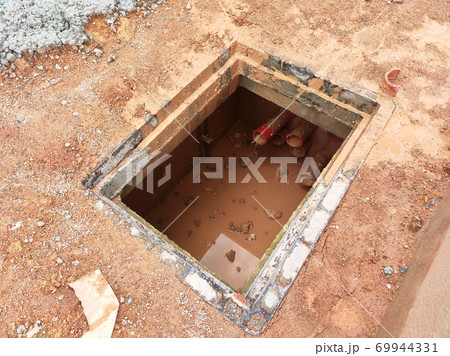 SEREMBAN, MALAYSIA -AUGUST 6, 2020: Utility services manhole and underground pipes under construction at the construction site. In-situ construction by workers based on infrastructure engineer design. 69944331
