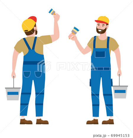 Construction worker painter with brush and paint bucket in workwear. Back and front view craftsman character vector isolated Construction worker painter with brush and paint bucket in workwear. Back and front view craftsman character vector isolated 69945153