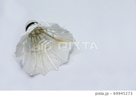 Shabby shuttlecock. Some of the feathers have been damaged and lost. 69945273