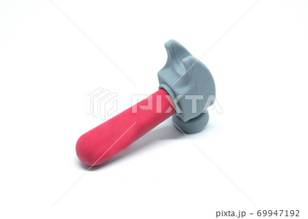 Selective focused, an image of toy hammer made from red and grey soft rubber isolated on white background. Selective focused, an image of toy hammer made from red and grey soft rubber isolated on white background. 69947192