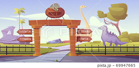 Jurassic park gates with pointers to dinosaur area 69947665