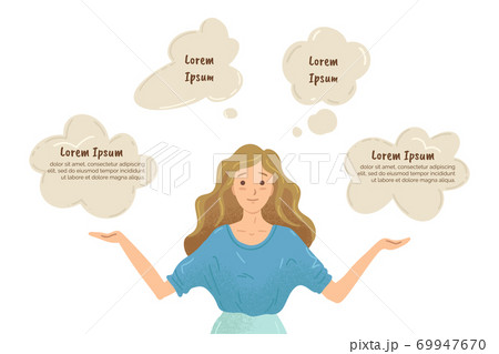 Woman thinking of choice. Thoughts bubbles. Vector illustration Woman thinking of choice. Thoughts bubbles. Vector illustration 69947670